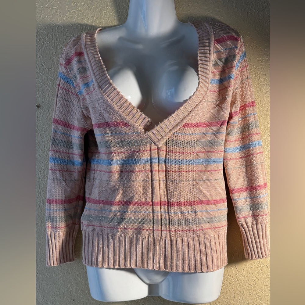Cozy V-Neck Striped Sweater - Pink and Blue